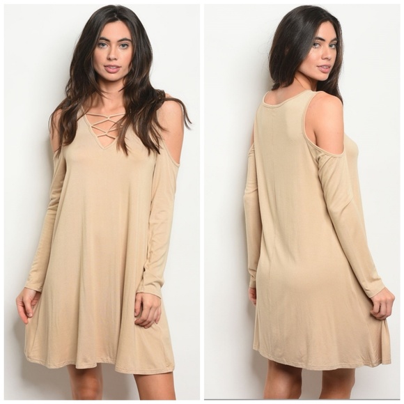 She and Sky Dresses & Skirts - 💄3 for $10 Beautiful Taupe Cold Shoulder Dress